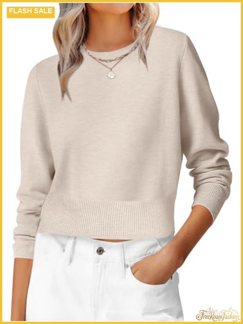 Women's Long Sleeve Cropped Crew Neck Lightweight Ribbed Knit Sweater